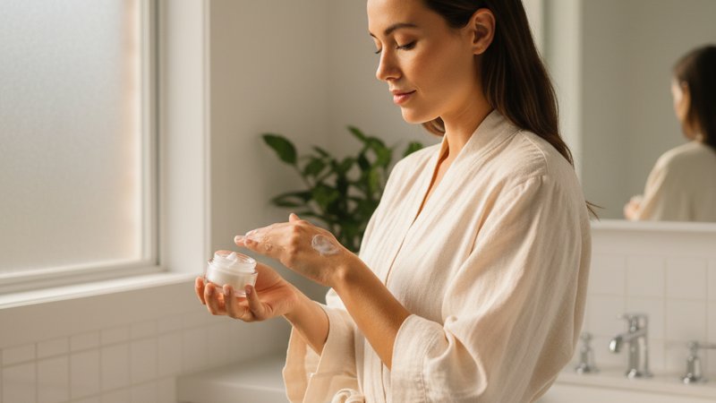 Woman applying self tanning cream safely at home during pregnancy